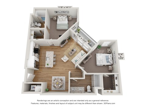 Floor plan for 2 beds, 2 baths, 1031 sqft